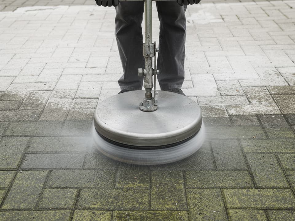 A surface cleaner part-way across a paver driveway, with a clean strip behind it
