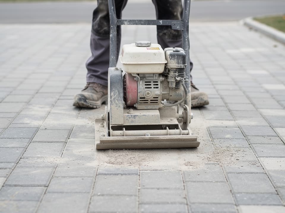 A plate compactor being run across a newly laid paver driveway