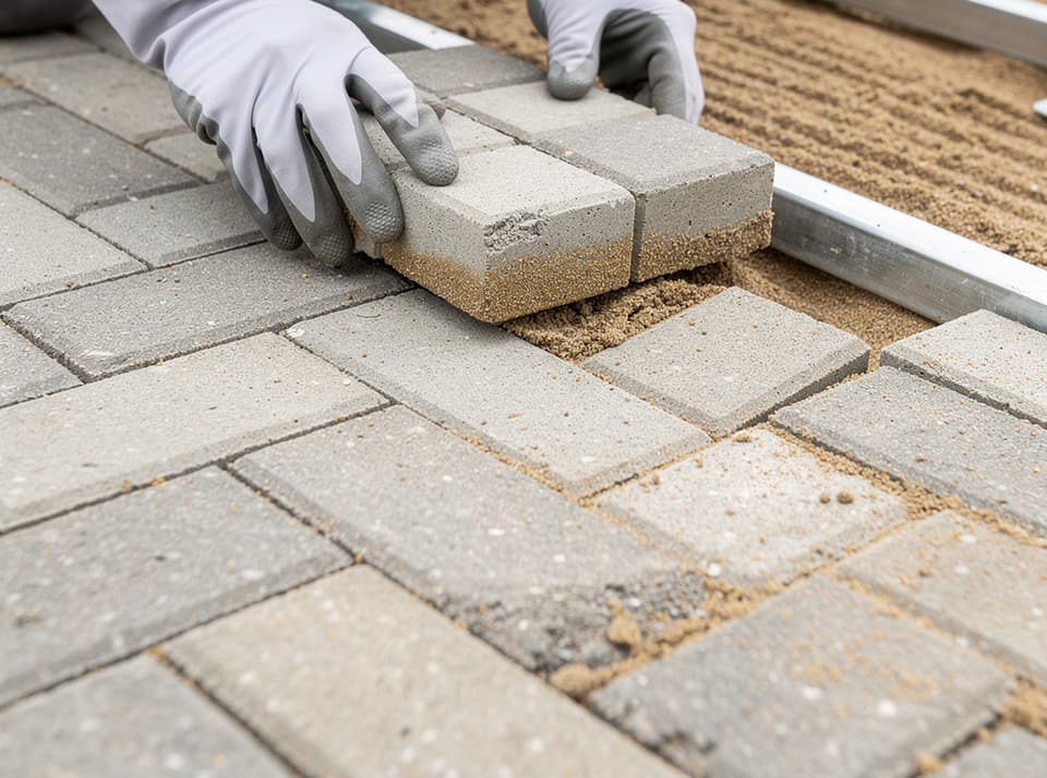 A concrete paver being placed into a herringbone pattern on a screeded sand bed
