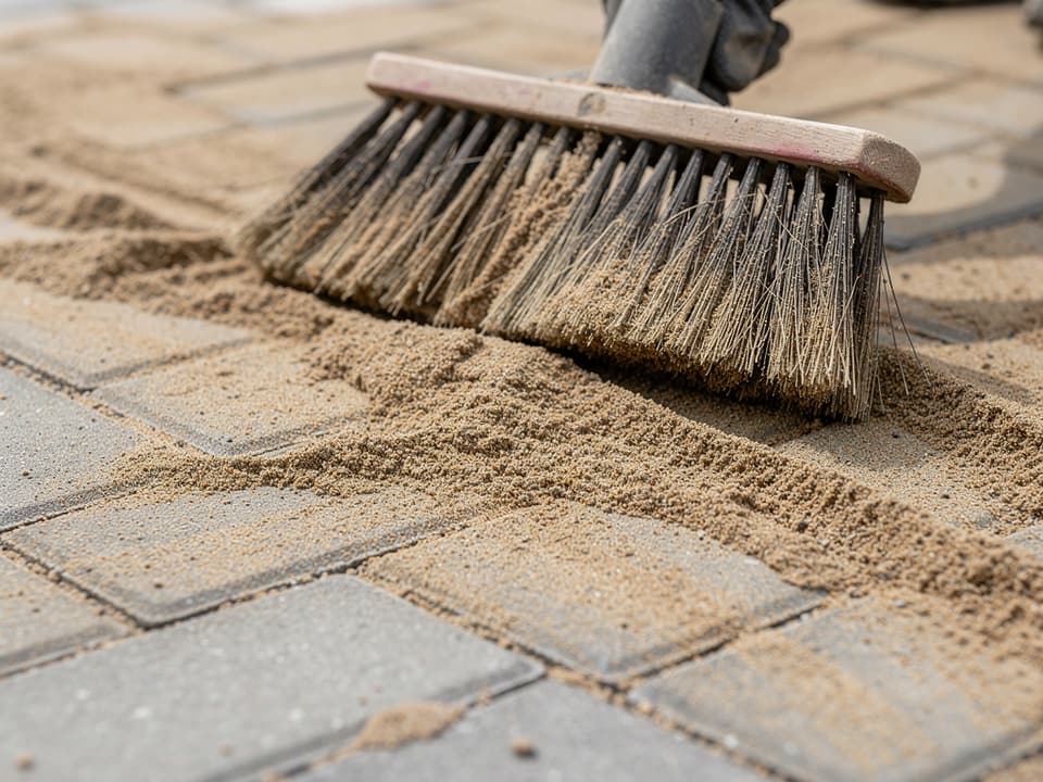 Jointing sand being swept into the joints between pavers